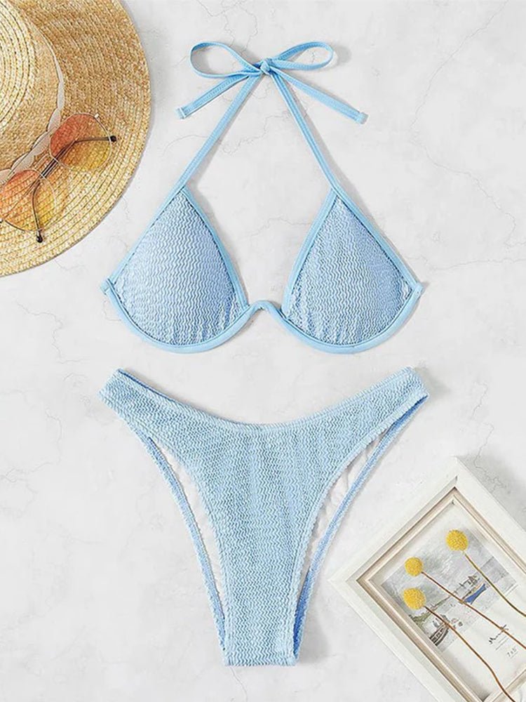 Solid Color Backless Beach Two Pieces Bikini Set - Thingy-London