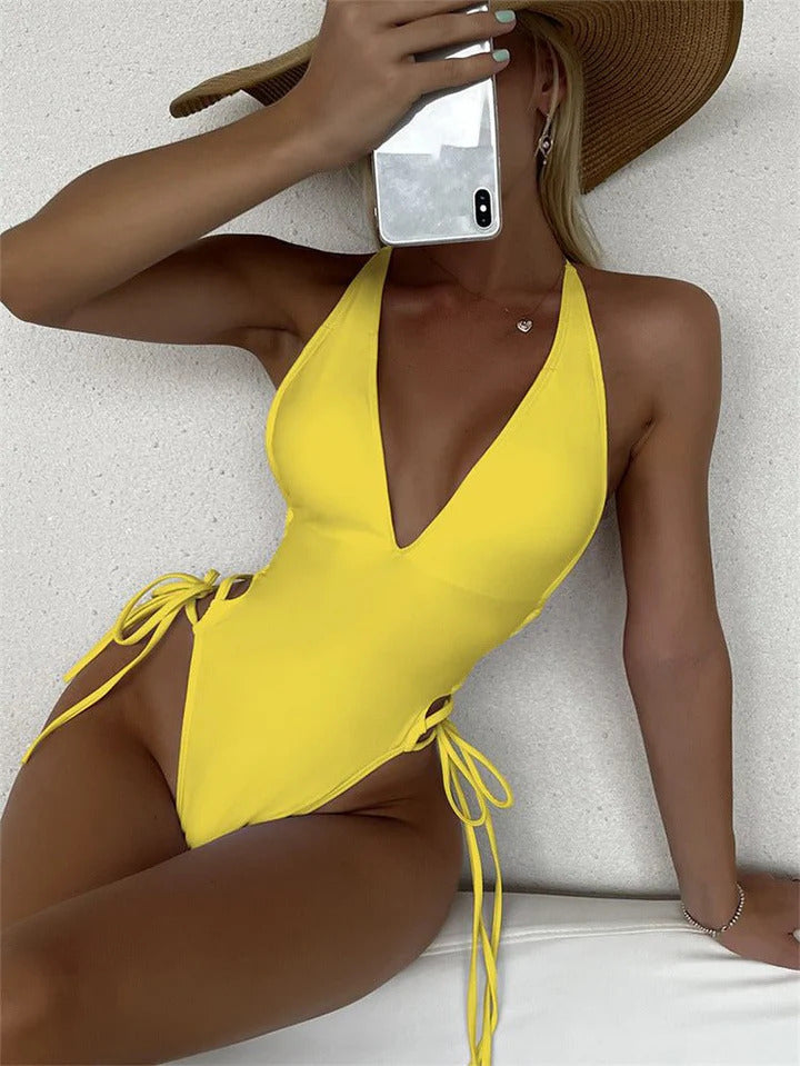 Einteiliges Bikini-Set mit hoher Taille und tiefem V-Ausschnitt in einfarbiger Farbe