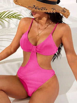 Einteiliges Bikini-Set mit tiefem Ausschnitt und Hohlsaum in einfarbig