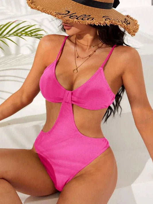 Solid Color Hollow Low Neck One Piece Bikini Set - Thingy-London