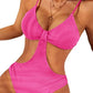 Solid Color Hollow Low Neck One Piece Bikini Set - Thingy-London
