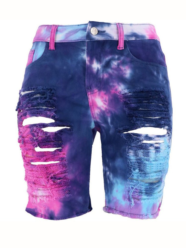 Tie-Dye Ripped Denim Long Shorts - Thingy-London