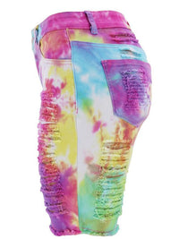 Tie-Dye Ripped Denim Long Shorts - Thingy-London