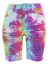 Tie-Dye Ripped Denim Long Shorts - Thingy-London