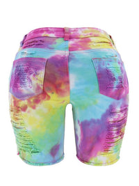 Tie-Dye Ripped Denim Long Shorts - Thingy-London