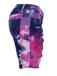 Tie-Dye Ripped Denim Long Shorts - Thingy-London