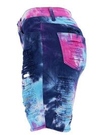 Tie-Dye Ripped Denim Long Shorts - Thingy-London