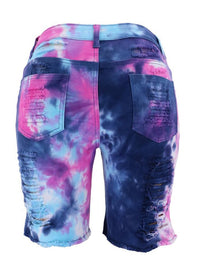 Tie-Dye Ripped Denim Long Shorts - Thingy-London