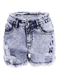 Washed Bleached Ripped Raw Hem Denim Shorts - Thingy-London