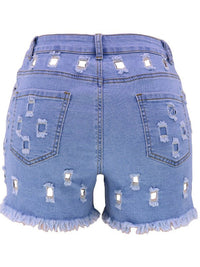 Washed Decrotive Hole Raw Hem Denim Shorts - Thingy-London