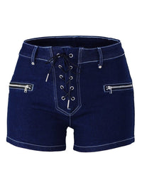 Washed Eyelet Bandage With Decorative Zipper Denim Shorts - Thingy-London