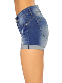 Washed Turn Up Hem Ripped Denim Shorts