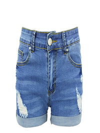 Washed Turn Up Hem Ripped Denim Shorts