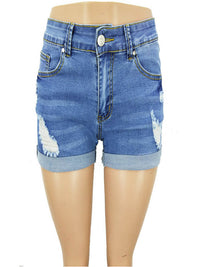 Washed Turn Up Hem Ripped Denim Shorts