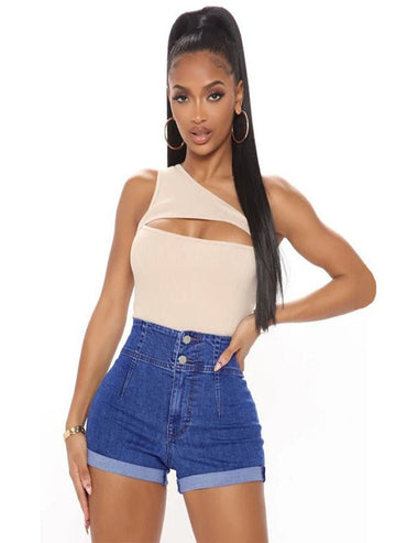 Washed High Waist Turn Up Hem Denim Shorts - Thingy-London