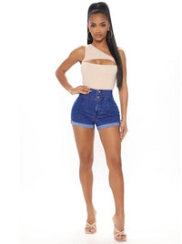 Washed High Waist Turn Up Hem Denim Shorts - Thingy-London