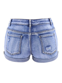 Washed Ripped Turn Up Hem Denim Shorts - Thingy-London