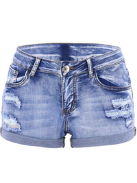 Washed Ripped Turn Up Hem Denim Shorts - Thingy-London