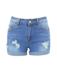 Washed Ripped Turn Up Hem Denim Shorts - Thingy-London