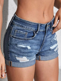 Washed Ripped Turn Up Hem Denim Shorts - Thingy-London