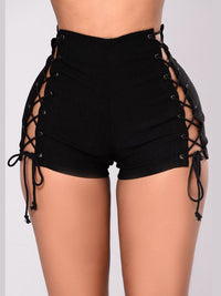 Washed Side Ripped Eyelet Bandage Denim Shorts - Thingy-London