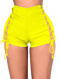 Washed Side Ripped Eyelet Bandage Denim Shorts - Thingy-London