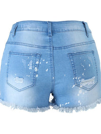 Washed Spray Dots Ripped Raw Hem Denim Shorts - Thingy-London