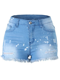 Washed Spray Dots Ripped Raw Hem Denim Shorts - Thingy-London