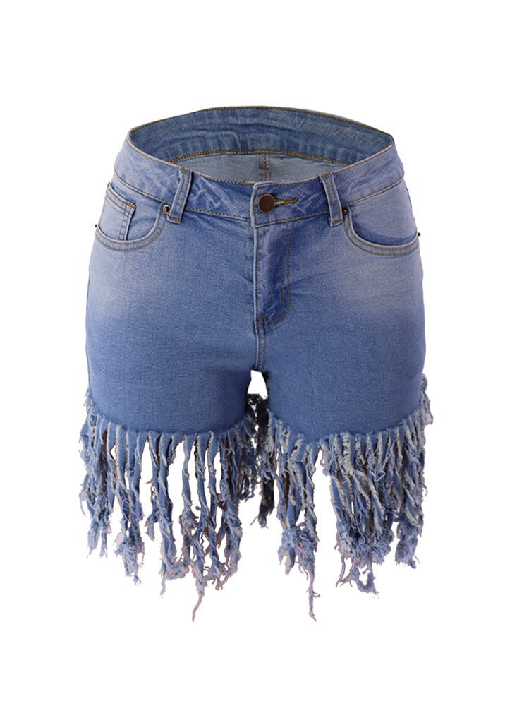 Washed Tassel Hem Denim Shorts - Thingy-London