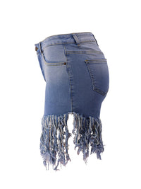 Washed Tassel Hem Denim Shorts - Thingy-London