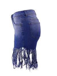 Washed Tassel Hem Denim Shorts - Thingy-London