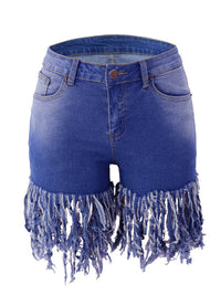 Washed Tassel Hem Denim Shorts - Thingy-London