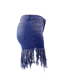 Washed Tassel Hem Denim Shorts - Thingy-London