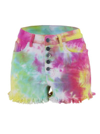 Washed Tie-Dye Decorative Button High Waist Denim Shorts - Thingy-London