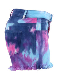 Washed Tie-Dye Decorative Button High Waist Denim Shorts - Thingy-London