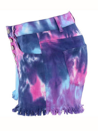 Washed Tie-Dye Decorative Button High Waist Denim Shorts - Thingy-London