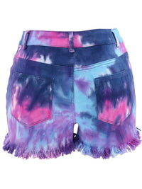 Washed Tie-Dye Decorative Button High Waist Denim Shorts - Thingy-London