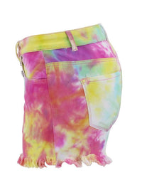 Washed Tie-Dye Decorative Button High Waist Denim Shorts - Thingy-London