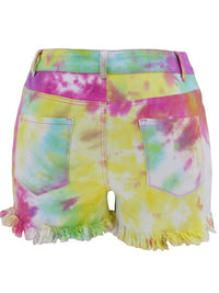 Washed Tie-Dye Decorative Button High Waist Denim Shorts - Thingy-London