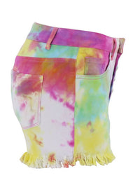 Washed Tie-Dye Decorative Button High Waist Denim Shorts - Thingy-London