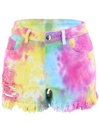 Washed Tie-Dye Ripped Denim Shorts - Thingy-London