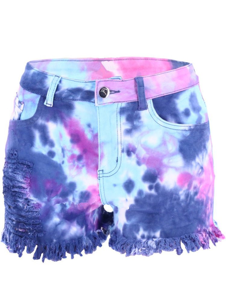 Washed Tie-Dye Ripped Denim Shorts - Thingy-London