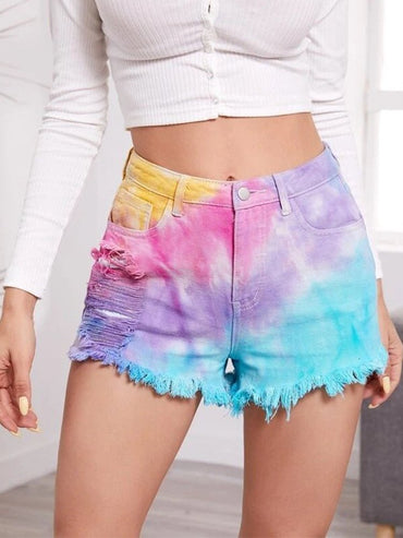 Washed Tie-Dye Ripped Denim Shorts - Thingy-London