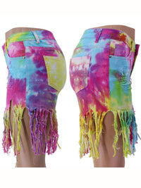 Washed Tie-Dye Ripped Tassel Hem Denim Shorts - Thingy-London