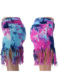 Washed Tie-Dye Ripped Tassel Hem Denim Shorts - Thingy-London