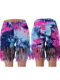 Washed Tie-Dye Ripped Tassel Hem Denim Shorts - Thingy-London