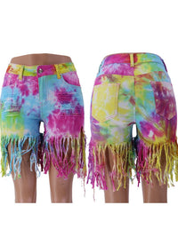 Washed Tie-Dye Ripped Tassel Hem Denim Shorts - Thingy-London