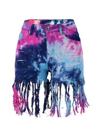 Washed Tie-Dye Ripped Tassel Hem Denim Shorts - Thingy-London