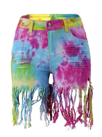 Washed Tie-Dye Ripped Tassel Hem Denim Shorts - Thingy-London