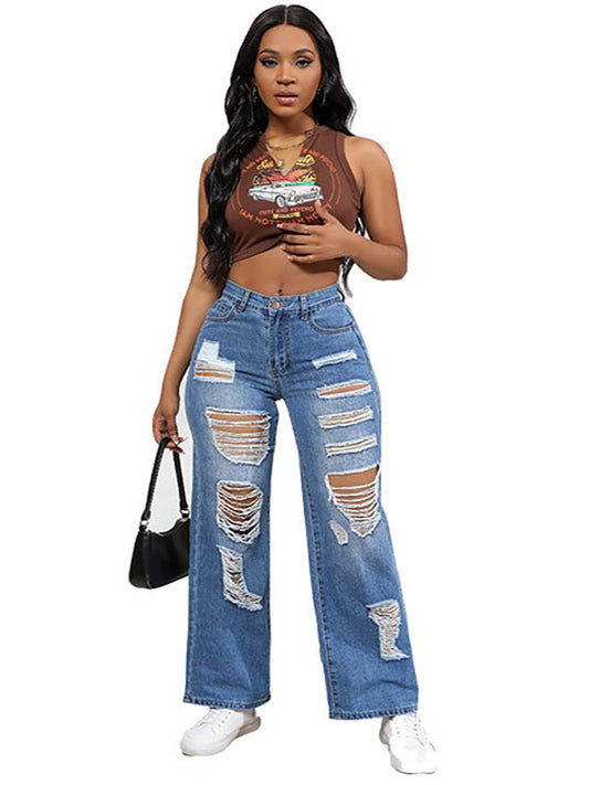Women's Irregular Ripped Mid-rise Jeans